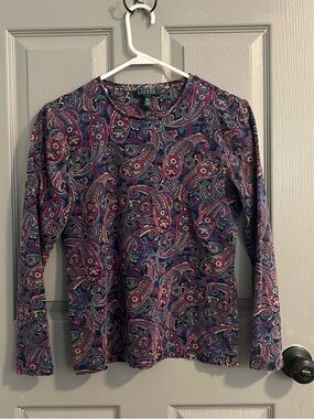 Ralph Lauren Multicolor Paisley Three Quarter Sleeve Tee Royal Cotton Flare